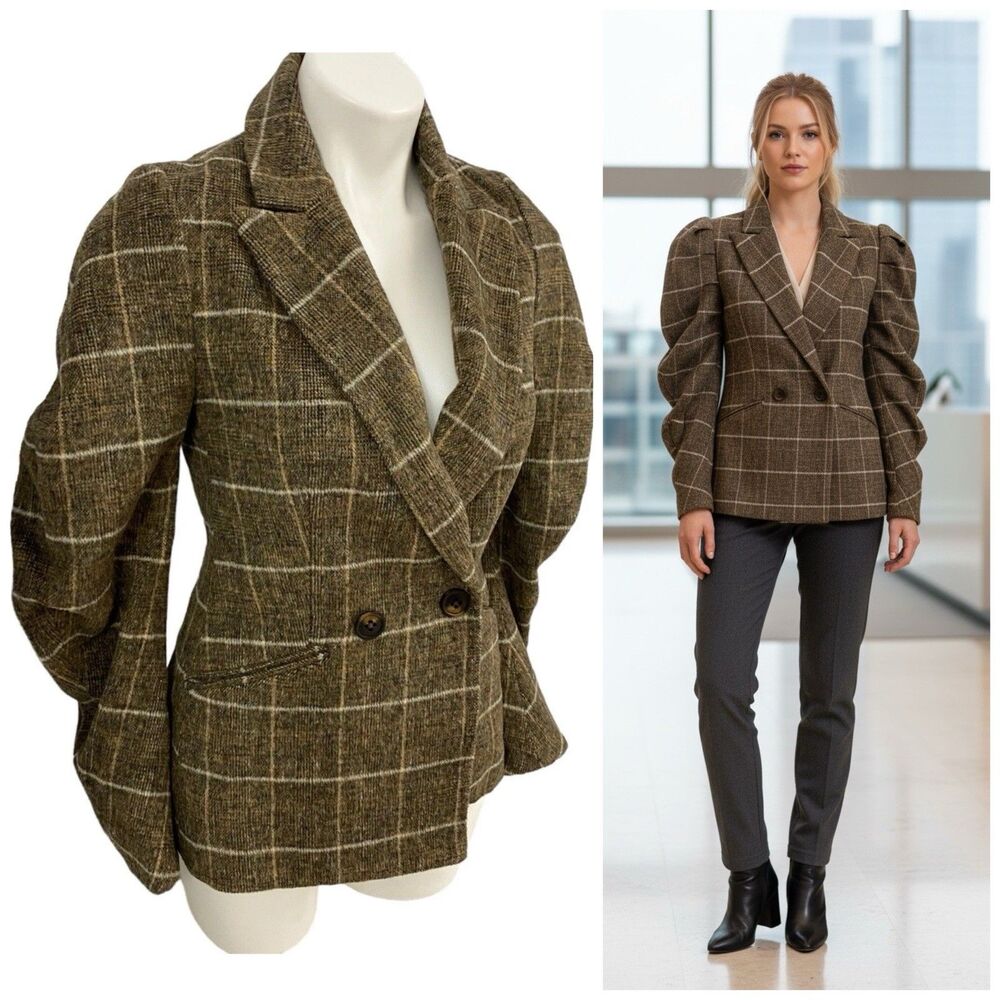 ONLY Blazer Coat Womens Sz XS US 2 Wool Brown Plaid Work Office Preppy Academia